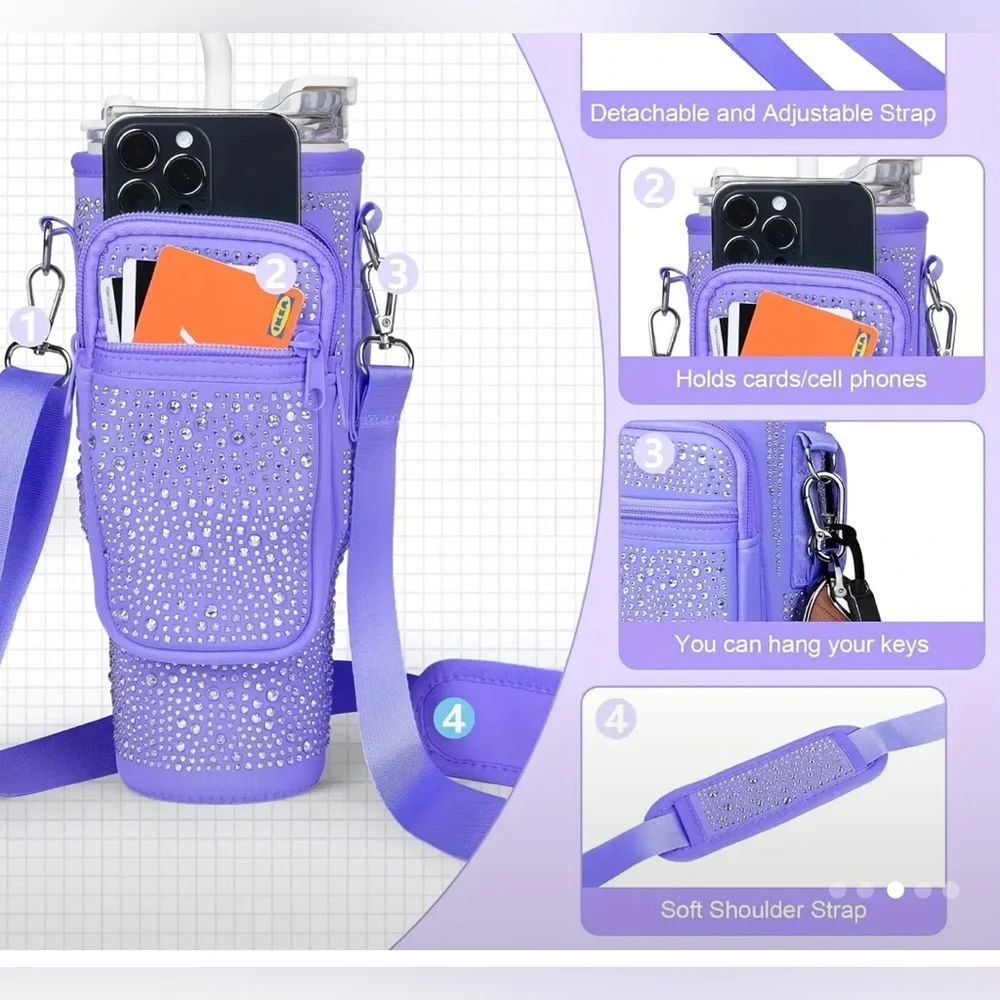 Pink Rhinestone Water Bottle /TraveTumbler Travel Holder for 30/40 oz with Strap - Picture 2 of 2